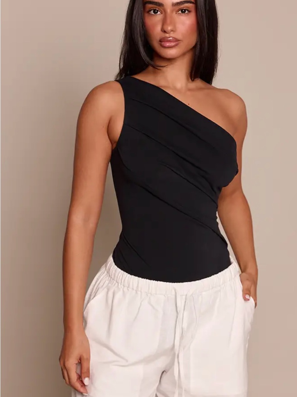 PrettyLittleThing Black One-Shoulder Draped Camisole